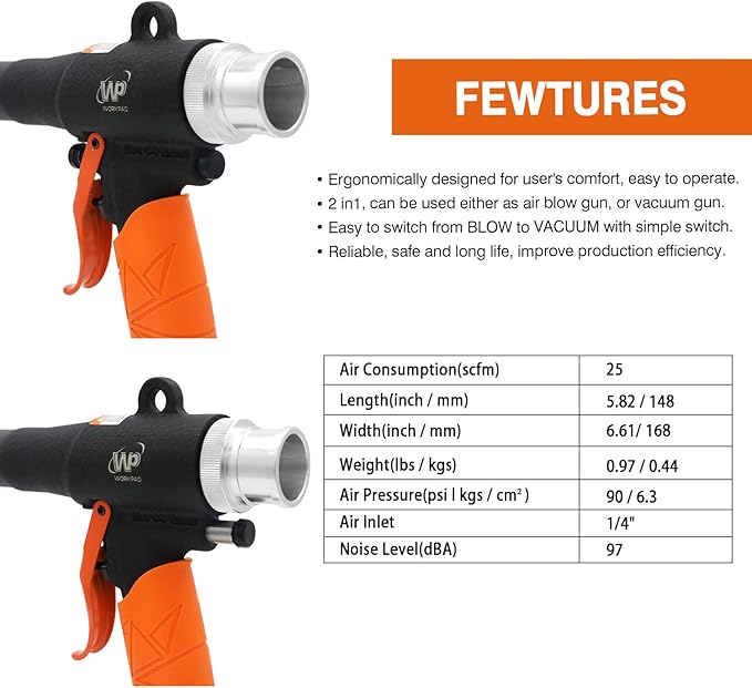 Function Power Vacuum,WP WORKPAD Blow/Suction Dual-purpose Dust Blowing Gun Pneumatic Cleaning Tool with Different Nozzle Attachments