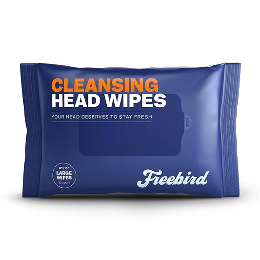 Freebird Head & Body Towelette Wipes for Men - 10ct Large, Rinse-Free Head Towel, Flushable, pH-balanced, Showerless, Perfect for Gym, Camping, Anti-Shine with Natural Aloe, Eucalyptus, Witch Hazel