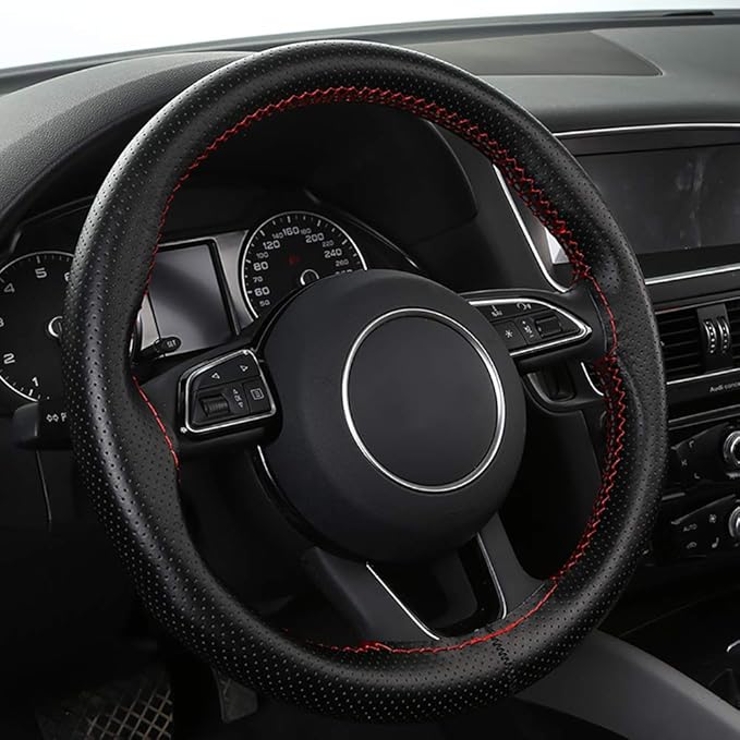 Universal Car Steering Wheel Cover with Top Genuine Leather, Anti-Slip Design and Soft Padding, Stitching Style (Black Leather with red Thread)