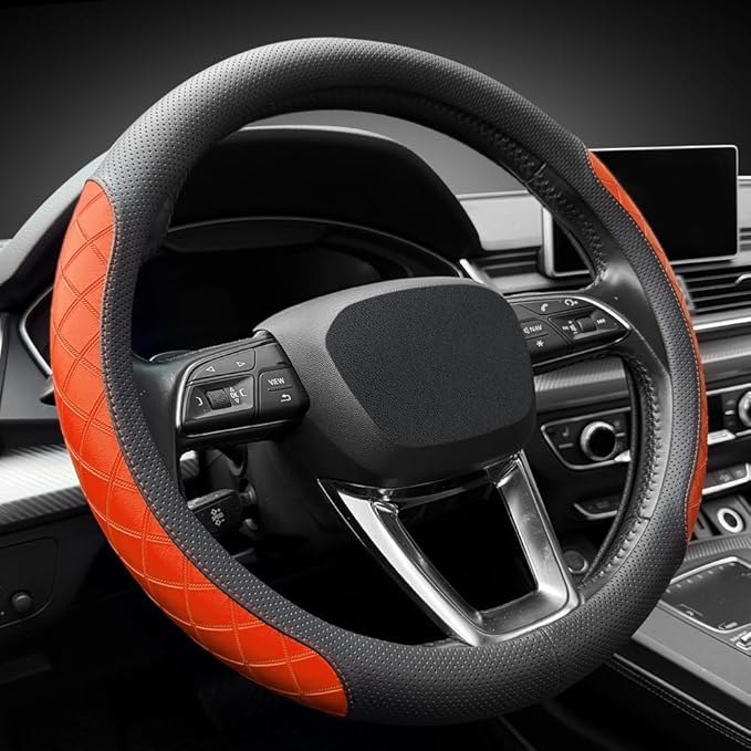 LKWLIKEI Nappa Leather Steering Wheel Cover, Diamond Checkered Design, Non-Slip wear-Resistant, Enhance Driving Comfort, Suitable for Steering Wheel Diameter 14 1/2‘-15’ Models.Black Orange