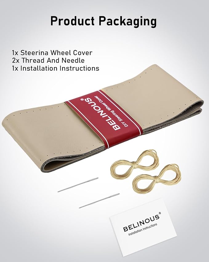BELINOUS Leather Steering Wheel Cover Lace Up, Stitch On Wrap, Universal Fit 13-20 inch Car Truck SUV Pickup Boat, A Whole Piece of Cowhide, DIY Stitch w/Needle Thread (Size L3, Light Beige)