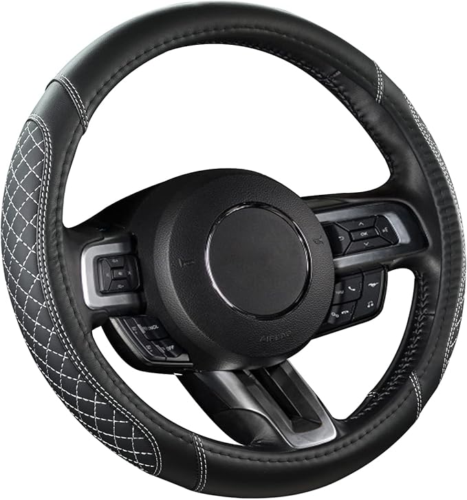 West Llama Car Steering Wheel Cover for Ford Escape,Explorer,Fusion,Focus,Bronco,Transit,Edge(Diamond Quilted - Black+Gray- Standard Size)
