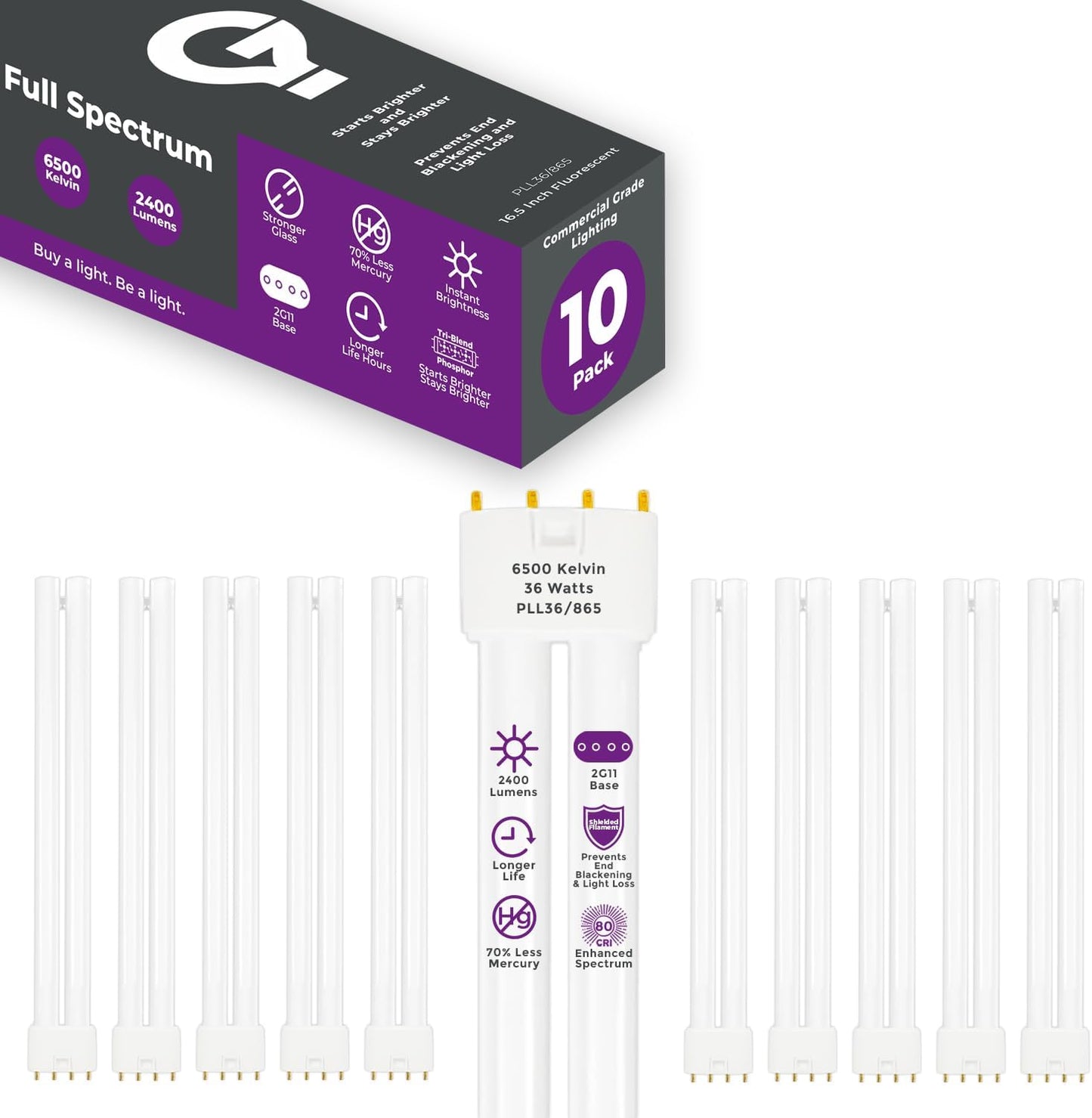 GoodBulb PLL36/865 36W 16.5" Twin Tube Compact Fluorescent Light Bulb 4-pin 2G11 Base 6500K Full Spectrum 2400 Lumen 36000 Hour Long Life Biax Pack of 10