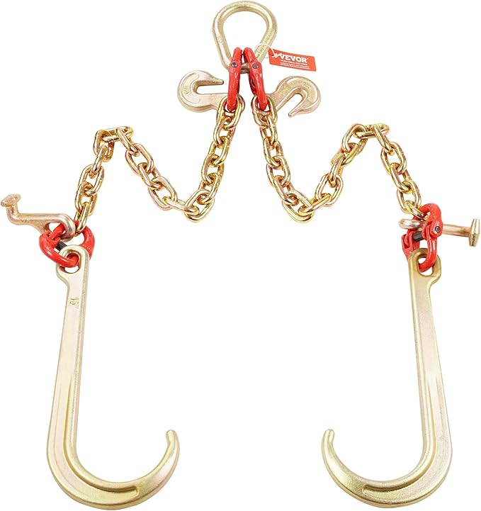 VEVOR G80 V Bridle Chain, 3/8" x 2' Towing Chain Bridle with 15" J Hooks, T Hooks & Grab Hooks, Heavy Duty Transport Tow Chain Bridle with 7800 lbs Safe Working Load for Flatbed Truck Wrecker Recovery