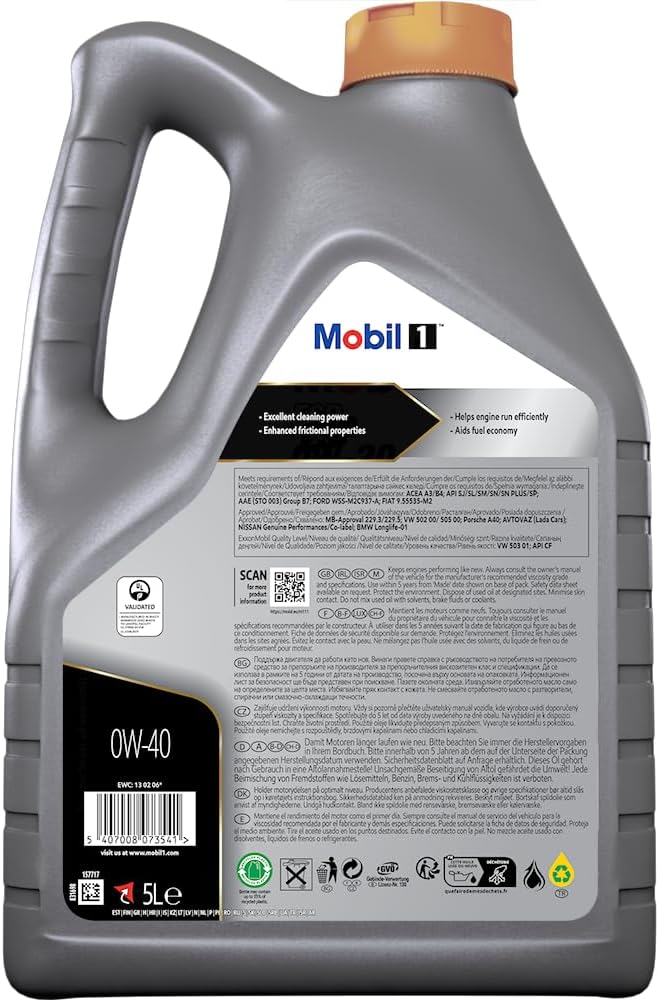 Mobil 1 European Car Formula Full Synthetic Motor Oil 0W-40, 5 Quart