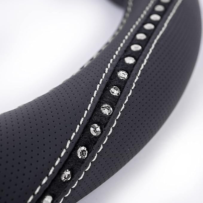 CAR PASS Bling Diamond Black Leather Steering Wheel Cover, Studded Crystal Rhinestones Universal Fit 14" 1/2-15" Glitter for Women Sparkle Girl Fit Suvs,Vans,Sedans,Car,Trucks, Silver Diamond