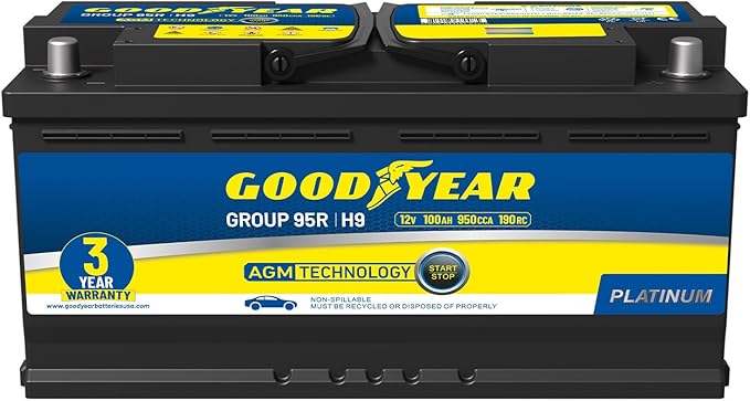 Goodyear 95R-H9-AGM BCI Group Size 95R 12V 100 AH, 190RC, 950 CCA Platinum series Rechargeable AGM Maintenance Free Automotive Battery