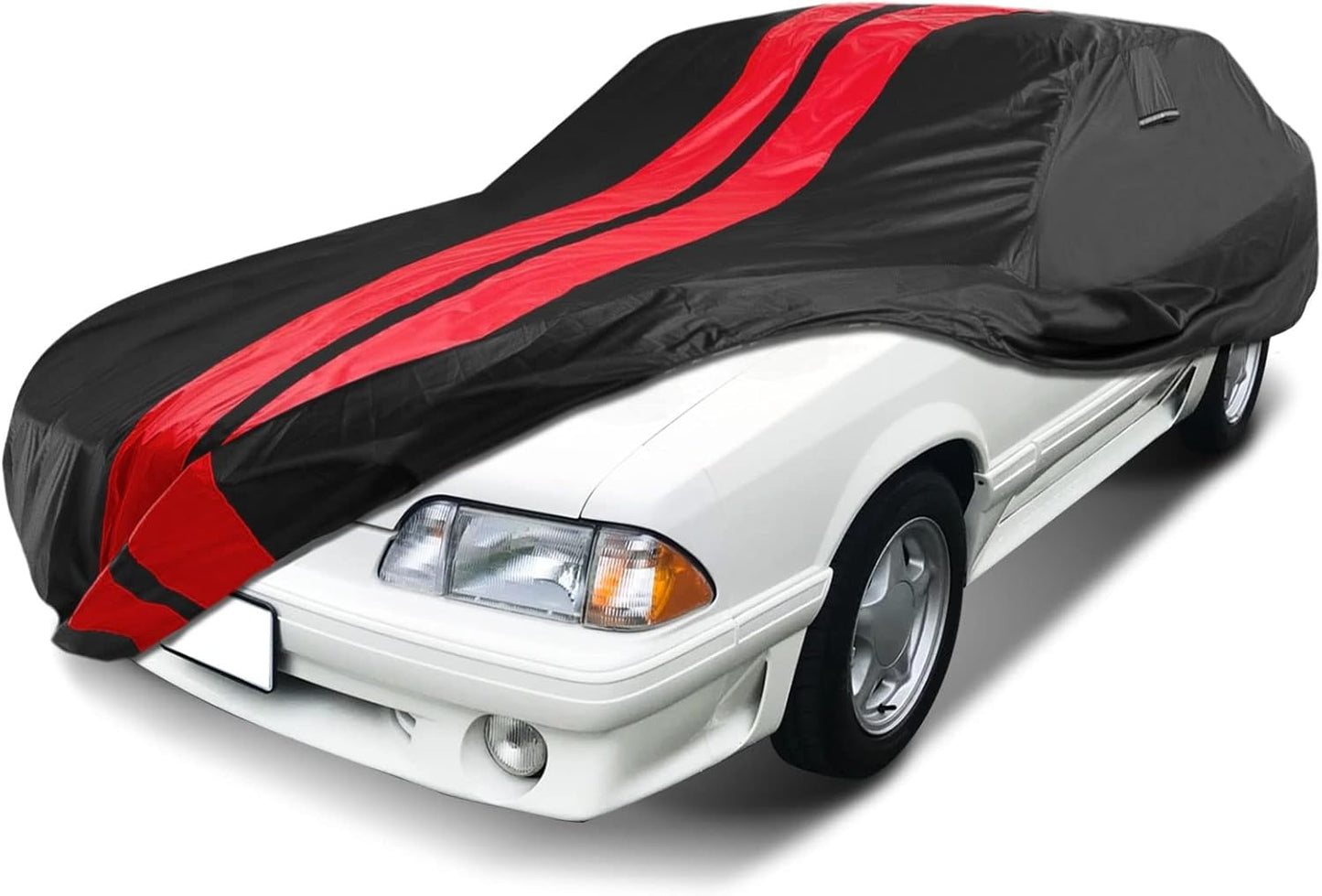 iCarCover Custom Car Cover Compatible with Mustang 1979-2004, Waterproof All Weather Rain Snow UV Sun Protector Full Exterior Indoor Outdoor Car Covers, Stripe (Black/Red)