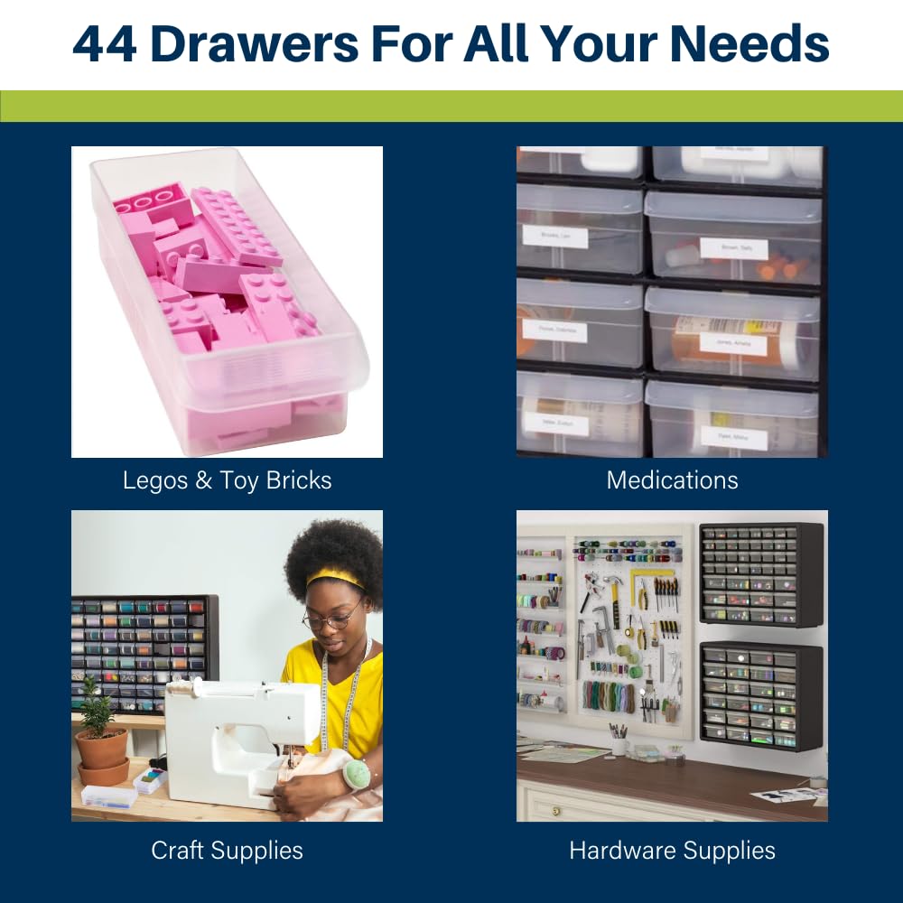 Akro-Mils 44-Drawer Plastic Drawer Storage Cabinet for Garage Organization, Bead Organizer, Building Bricks Storage, Teacher Toolbox, Makeup Organizer, 20-Inch W x 6-Inch D x 16-Inch H, 10144 White