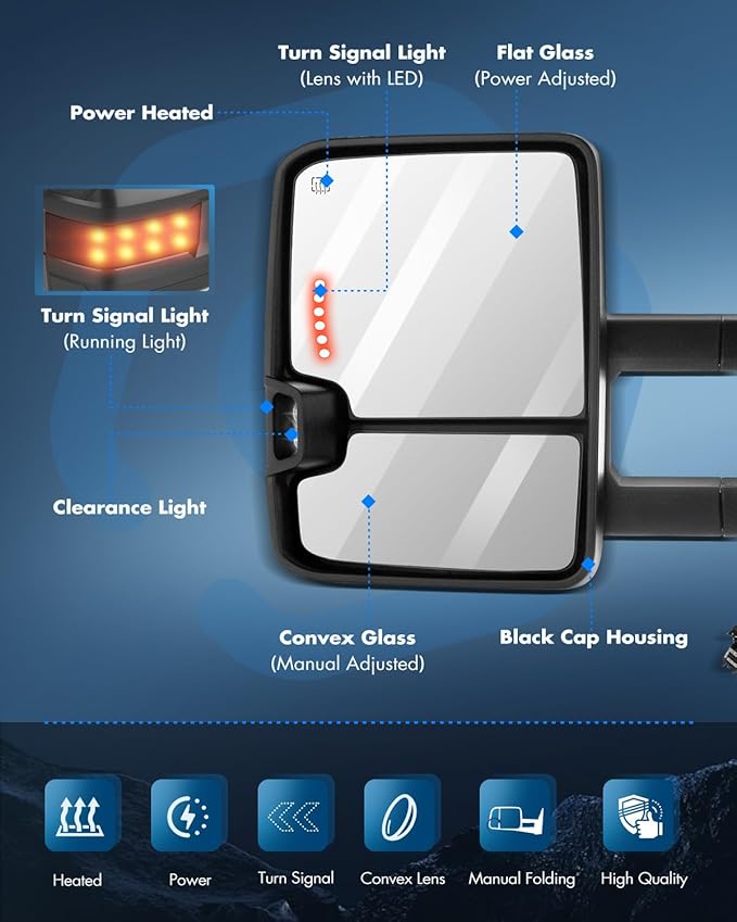 ECCPP Towing Mirrors Tow Mirrors With 2007-2014 For Chevrolet Silverado For GMC Sierra (07 For New Body) Power Adjusted Heated Led Turn Signal Width Light Black Pickup Truck