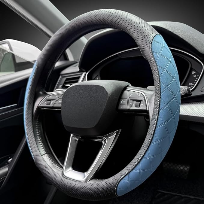 LKWLIKEI Nappa Leather Steering Wheel Cover,Elegant Diamond Checkered Design, Non-Slip wear-Resistant, Enhance Driving Comfort, Suitable for Steering Wheel Diameter 14 1/2‘-15’ Models.Black Blue