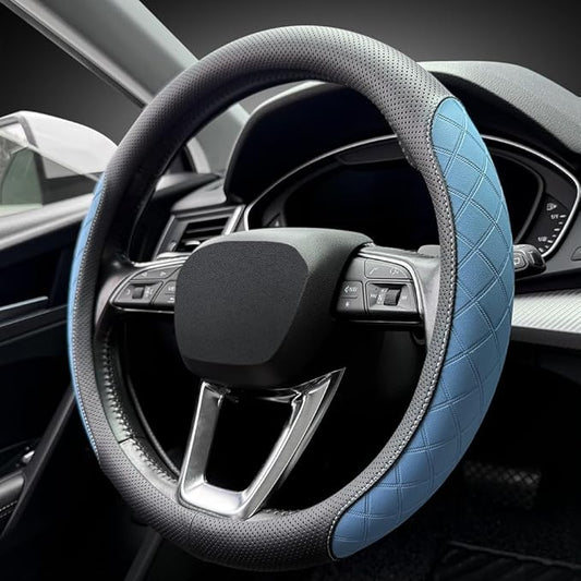 LKWLIKEI Nappa Leather Steering Wheel Cover,Elegant Diamond Checkered Design, Non-Slip wear-Resistant, Enhance Driving Comfort, Suitable for Steering Wheel Diameter 14 1/2‘-15’ Models.Black Blue