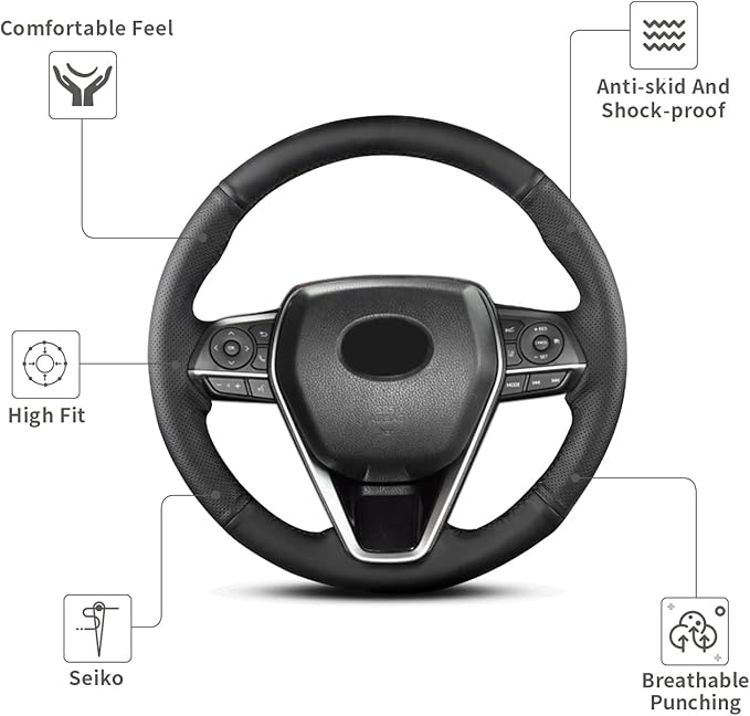 Hand Sewn Steering Wheel Cover,Fit for Toyota RAV4 SUV 2019-2024 / Avalon 2019-2022 / Camry 2018-2024 / Corolla 2020-2025,Non-Slip Breathable Microfiber Leather Steering Wheel Cover On Wrap
