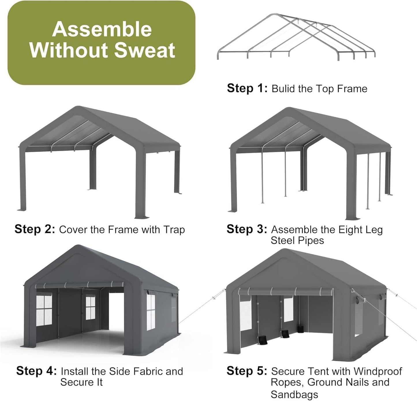 12x20ft Carport Heavy Duty, Portable Garage with 4 Doors + 4 Window, Upgraded Carport with Reinforced Steel Poles, Uv Resistant Waterproof Tarp for Car, Truck, Boat