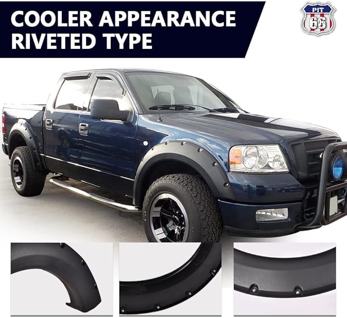 PIT66 Fender Flares,Compatible with 2004-2008 Ford F150(NOT For Heritage), Rugged Black Pocket Riveted Textured Style Wheel Flares Set, 4 Pcs