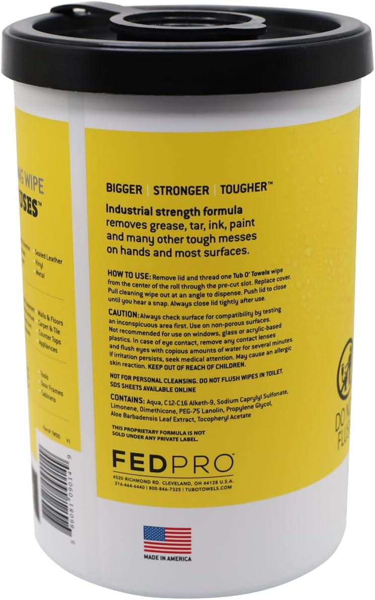 Tub O' Towels Heavy-Duty Multi-Surface Cleaning Wipes, 10" x 12", 90 Count Canister, Removes Grease, Grime, Tough Stains, Durable Disposable Wipes for Home, Garage, Outdoor Cleaning Tasks, 2-Pack