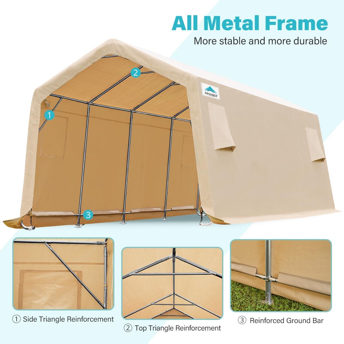 ADVANCE OUTDOOR Heavy Duty Carport 10X20 ft Outdoor Patio Portable Canopy Storage Shelter Shed with 2 Rolled up Zipper Doors & Vents for Snowmobile Garden Tools, Beige
