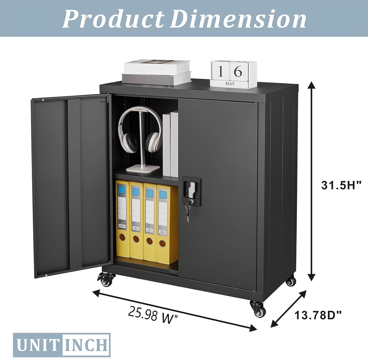 LUCYPAL Metal Storage Cabinet with Locking Doors and Wheels,Garage Storage Cabinets with 1 Adjustable Shelf for Home Office,Steel Counter Cabinet for Office,Garage,Kitchen,Black