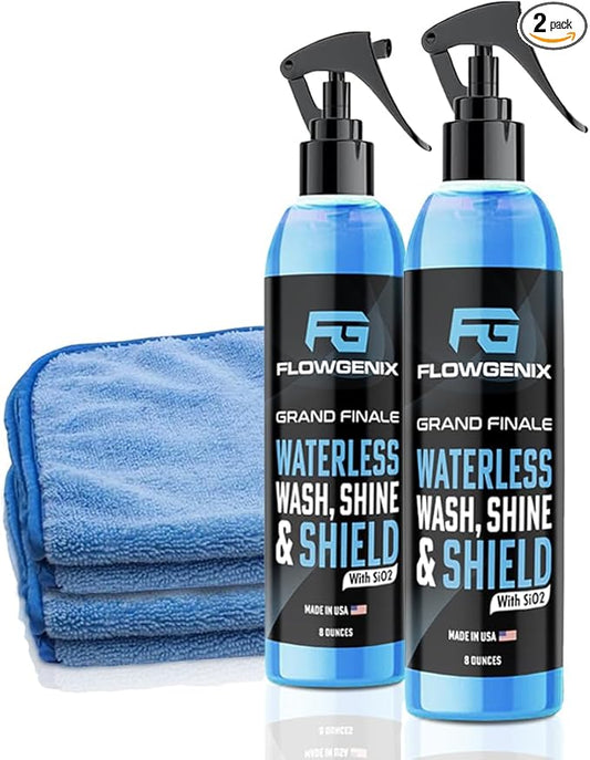 Flowgenix™ Waterless Car Wash Spray - Grand Finale - Motorcycle Cleaner & Car Wax Spray Polish (8 oz) - Ceramic Coating - Incl. 2 Microfiber Towels - Quick Detailer Spray (2-Pack)
