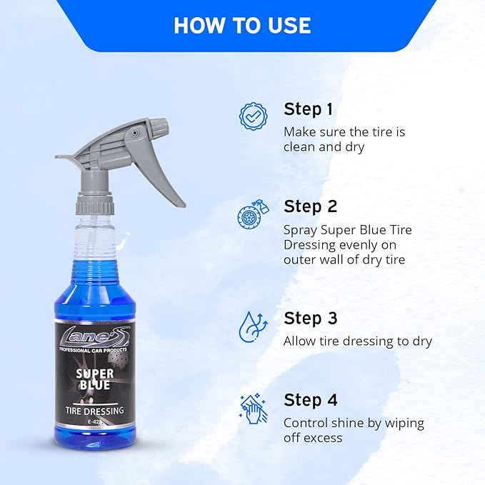 LANE'S Super Blue Tire Dressing Spray | High-Gloss Car Tire Shine Spray | No Sling, No Run, Long Lasting | Protects from Cracks & UV Rays | Non-Greasy Automotive Dressing & Cleaner | 16oz, 2 Pack
