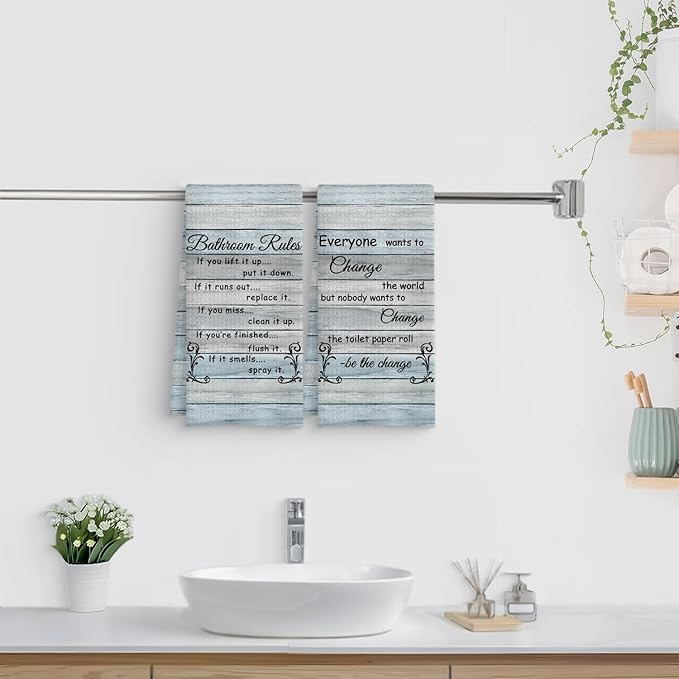 Funny Bathroom Rules Decorative Hand Towels Set of 2, Rustic Farmhouse Hand Towels for Bathroom Decor, 16x24 Inch(Classic Style)