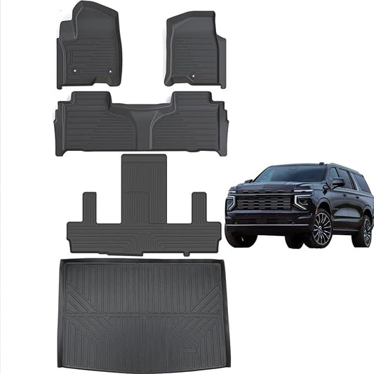 Floor Mats & Cargo Liners for Chevy Suburban 2021 2022 2023 2024-7 Seats (2nd Row Bucket Seat)，TPE All Weather Floor Liners & Trunk mat for Chevrolet Suburban