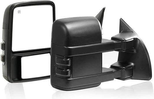 Towing Mirrors Left & Right Pair Set For 99-07 F-250 F-350 F-450 F-550 Super Duty, 01-05 Excursion,Power Heated,Smoke Signal Light,Black Driver Passenger Side Lh Rh