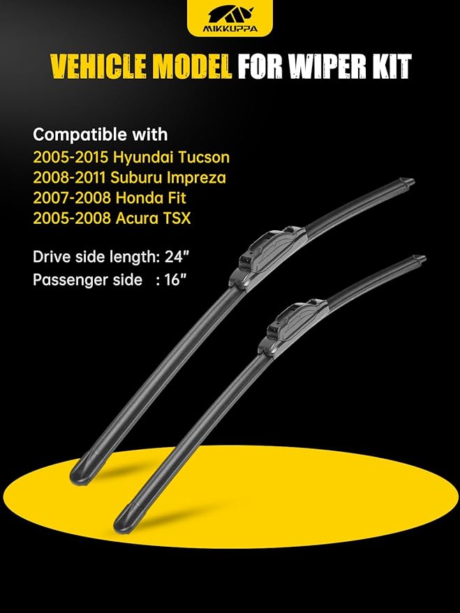 MIKKUPPA 24"+16" Windshield Wipers Blades Replacement for 2005-2015 Hyundai Tucson, 2008-2011 Suburu Impreza, 2007-2008 Honda Fit, 2005-2008 Acura TSX, U/J HOOK All Season Wiper Blades(Pack of 2)