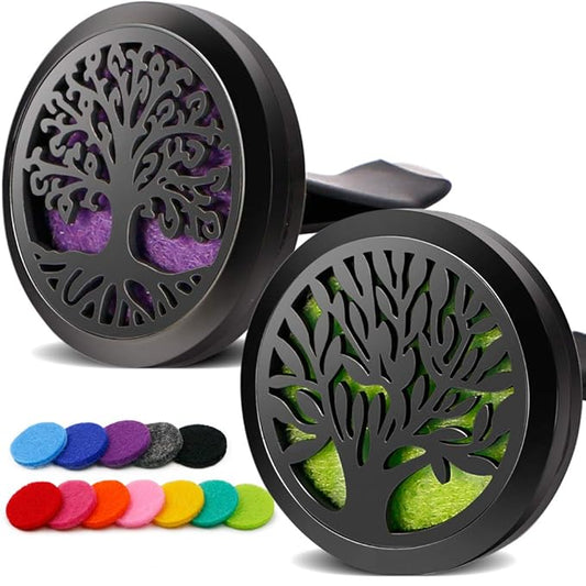 2PCS Tree of Life Car Diffuser Aromatherapy Essential Oil Black Stainless Steel Locket with Vent Clip 12 Felt Pads