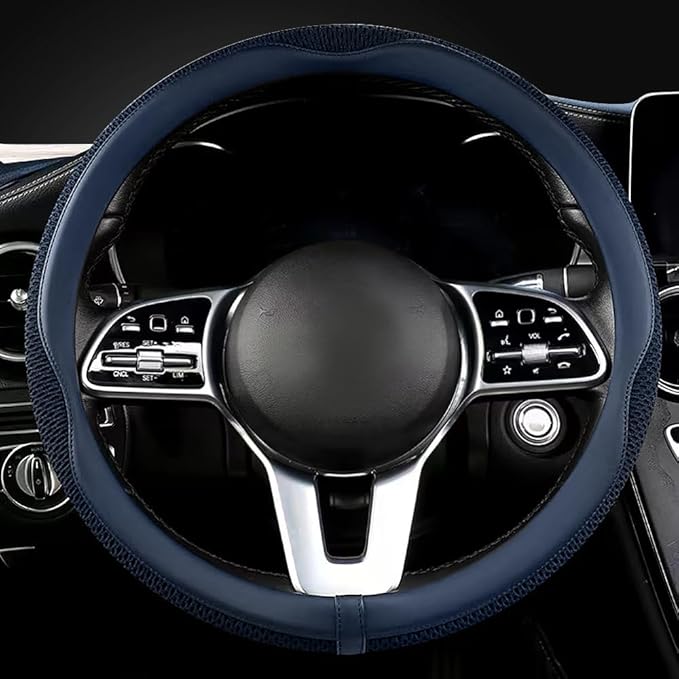 LKWLIKEI Car Steering Wheel Cover, Universal 15 inch, The Latest Microfiber Leather Breathable Technology Fabric, Non-Slip, Comfortable, Warm in Winter and Cool in Summer, Blue