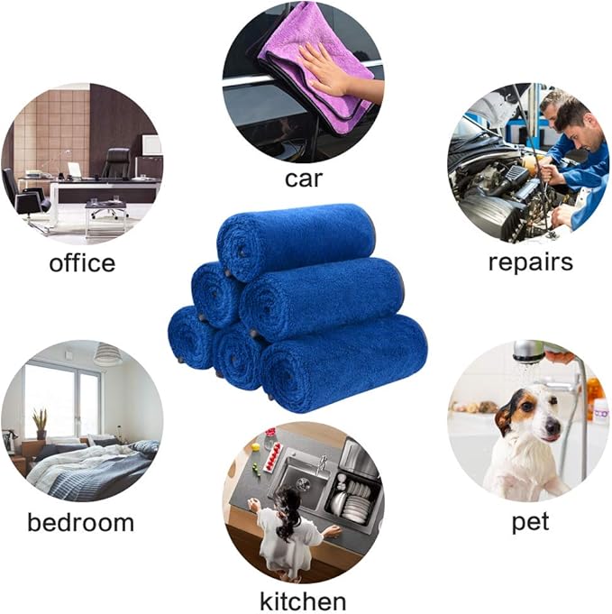 SINLAND Microfiber Car Drying Towels Ultra Absorbent,No Streaks,Scratches, or Water Spots,Wash Cleaning Auto Detailing Towels 380gsm 16inch x 24inch 6Pack Blue