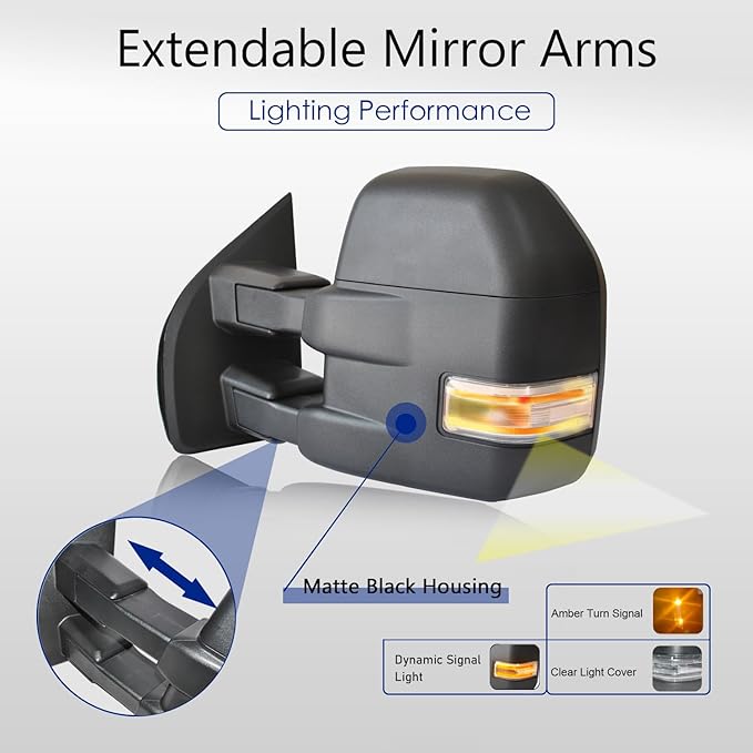 WLLW Towing Mirrors fit for 2015 2016 2017 2018 2019 2020 Ford F150 Pickup Truck Dynamic Signal Light Power Heated Turn Signal 8 Pin Plug Black Cap