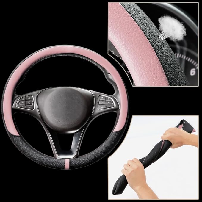 COFIT Breathable Car Steering Wheel Cover 15 inch Auto Universal Leather Wrap Non-Slip Steeringwheel Protector Automotive Interior Accessories, Pink (Suit for 14.5-15 inch)