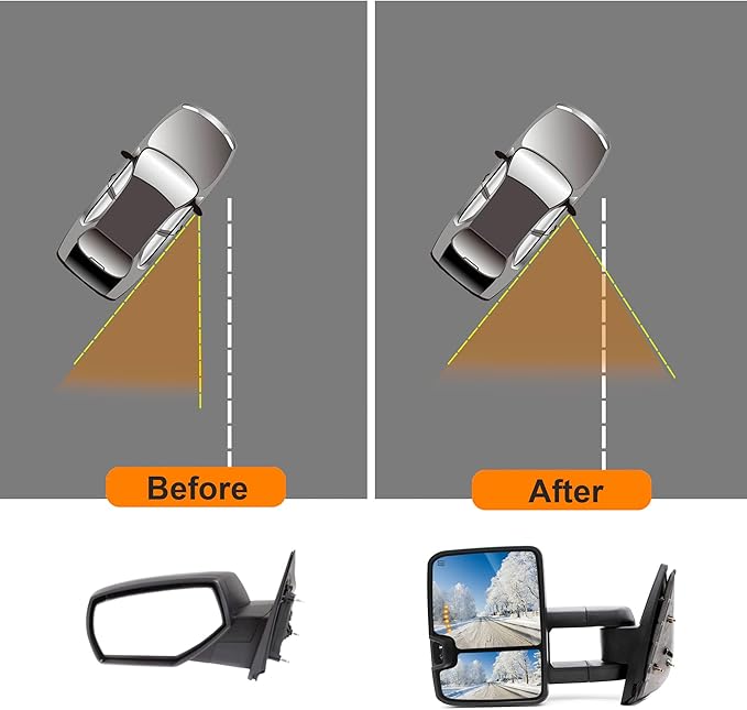 ReYee Towing Mirrors fit for 2007-2014 Chevy Silverado 1500 2500 3500 Tahoe Suburban GMC Yukon Sierra with Power Heated Turn Signal Light Arrow Signal On Glass Manual Telescoping Folding Black Cap