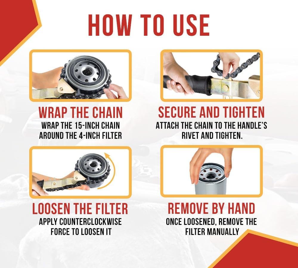 Mytee Products 4 Pack 15" Heavy-Duty Oil Filter Chain Wrench for 4" Diameter Filters – Rivet Locking Mechanism & Ideal for Chain Oil Filter Remover & General Maintenance Tasks