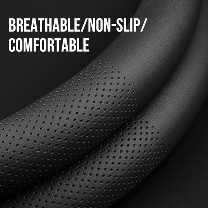 Carodi Leather car Steering Wheel Cover, Ultra-Thin, Comfortable, Non-Slip, Breathable, Universal 15 inches (Black)