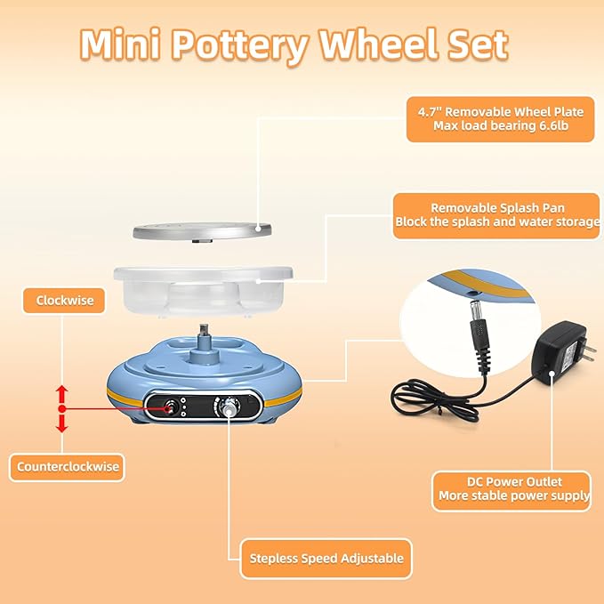 Mini Pottery Wheel Kit for Kids - 4.7" Turntable Two-Way Rotation Electric Pottery Machine, Adjustable Speed, Low Noise, Clay Wheel DIY Kit for Teens Adults Beginners, Pottery Tools Included