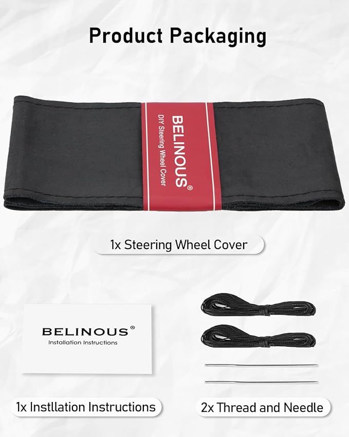 BELINOUS Suede Steering Wheel Leather Wrap (Size L3, Black)