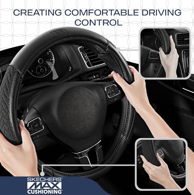 Skechers Steering Wheel Cover,Max Cushioning Leather Steering Wheel Cover Universal Fit 14" 1/2-15" Car Wheel Protector for Men Women Fit Suvs,Vans,Sedans,Car,Trucks,Black