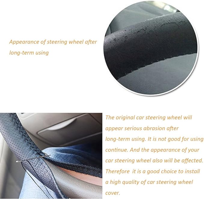 Onerbuy Universal Leather Car Steering Wheel Stitch On Wrap Cover DIY Sewing Breathable and Anti Slip, Maximum for 15-Inch Diameter Car Steering Wheel (Black)