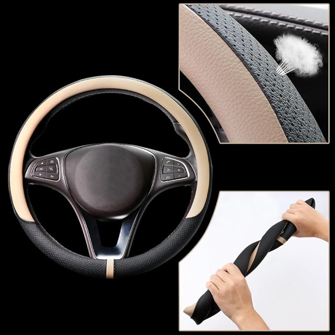 COFIT Breathable Car Steering Wheel Cover 15 inch Auto Universal Leather Wrap Non-Slip Steeringwheel Protector Automotive Interior Accessories, Beige (Suit for 14.5-15 inch)
