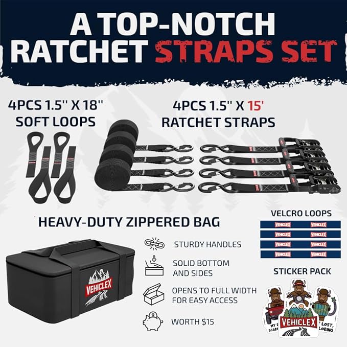 Vehiclex 1.5" x 15 ft 4,400 lb Heavy Duty Ratchet Tie Down Straps with Soft Loops – 4PK for Cargo & Equipment – Black