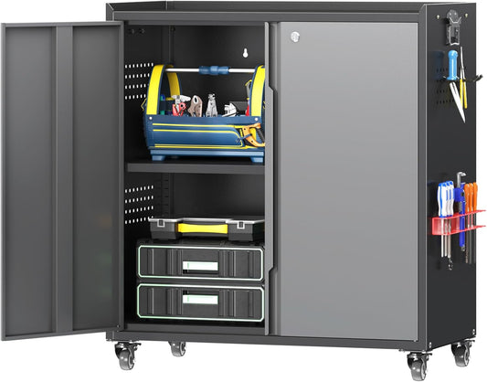 Metal Garage Storage Cabinet with Wheels, Adjustable Rolling Tool Storage Cabinet with Lock, 34" Steel Locking Tool Cabinet with Doors and Shelves for Garage, Warehouse (Black&Gray, 34.3" H)