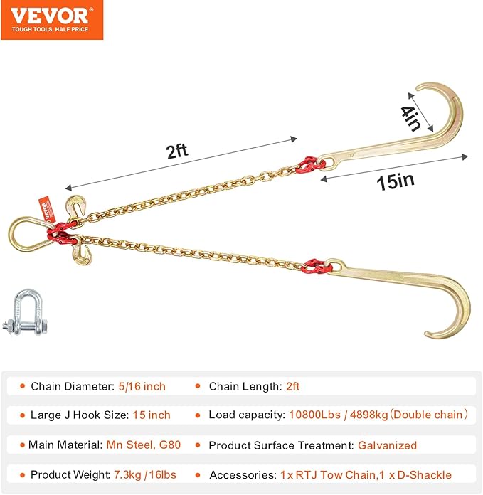 VEVOR G80 V Bridle Chain, 5/16" x 2' Towing Chain Bridle with 15" J Hooks and Grab Hooks, Heavy Duty Transport Tow Chain Bridle with 10800 lbs Safe Working Load for Flatbed Truck Wrecker Recovery