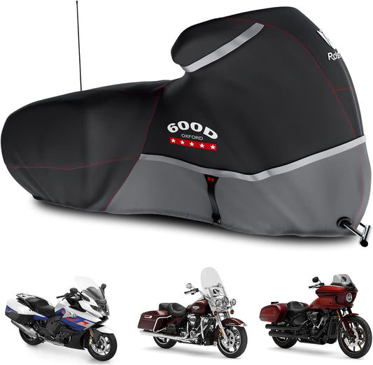 Rosefray Motorcycle Cover 600D Waterproof for Touring Models Harley Davidson Road King,Road Glide,Street Glide, Electra Glide,Low Rider-ST Indoor & Outdoor Storage Gray