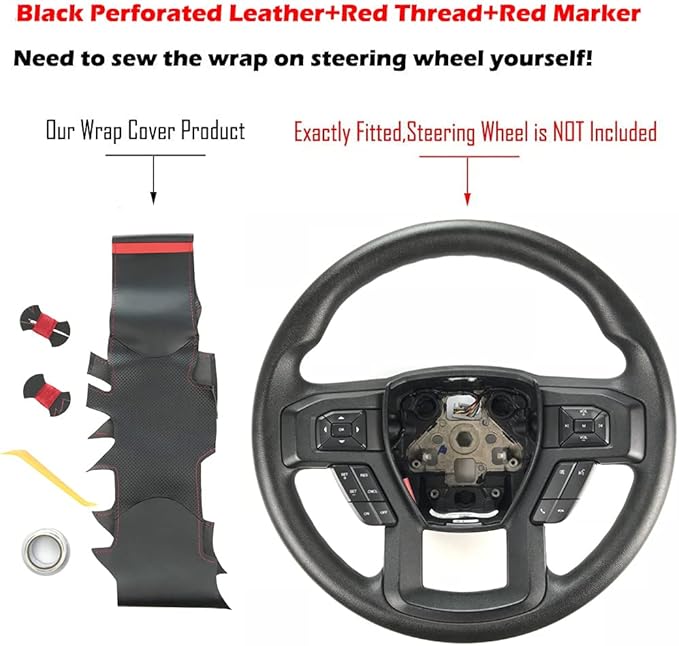 Black Side Perforated Leather Red Marker Steering Wheel Protector Cover Hand-Stitch on Wrap Fit For Ford F-150 F250 King Ranch/Lariat/XL/XLT/Limited/Platinum/Police Responder 2015-2020 (Black Leather)