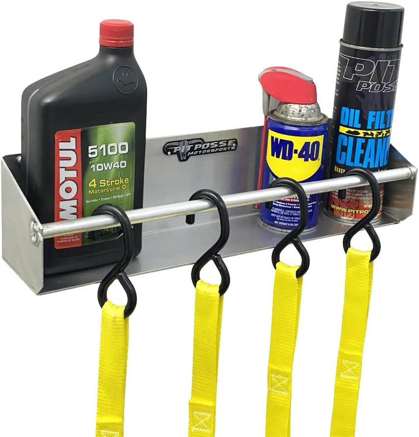 Pit Posse 465 Tie Down Hanger Holder Aluminum Wall Mount Rack Shelf for Race Trailer Garage Shop Storage Organizer- Made in USA-Holds Tie Downs, Ratchet Straps, Bungee Cords, Aerosol Cans, Oils