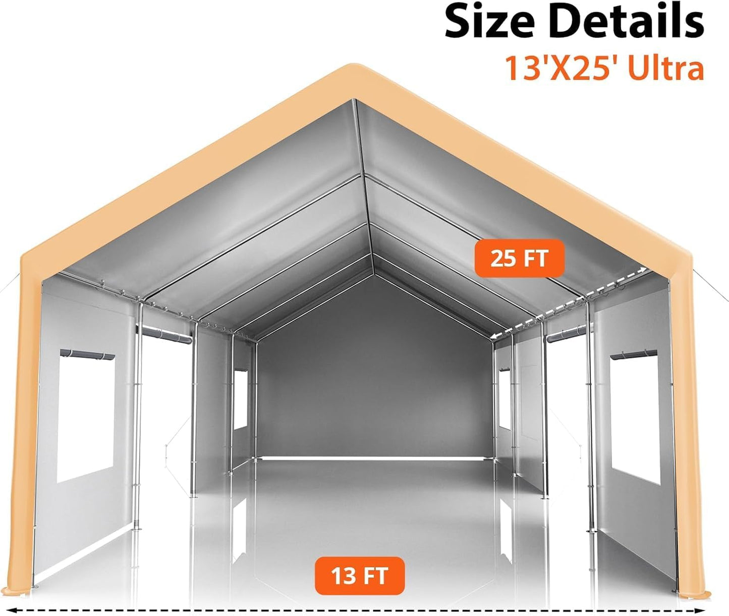 13x25FT Heavy Duty Carport, Outdoor Garage Canopy with 4 Roll-Up Doors and Mesh Windows, Large Portable Shelter Tent for Car, Truck, Boat, Party, Market