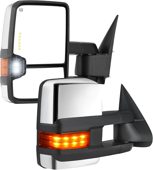 DWVO Power Heated Towing Mirrors for 2003-2006 Chevy Silverado GMC Sierra Tahoe Suburban Avalanche Yukon XL Denali Escalade | Adjustable LED Turn Signal | Chrome Finish