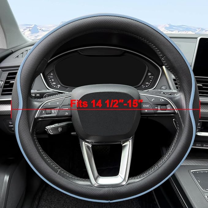 Leather Steering Wheel Cover， with Anti-Slip Stripe Design - Enhanced Grip, Fashion Style, Safe, Non-Slip, Breathable. Upgrade car Interior，Black Blue